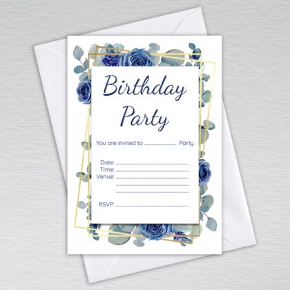 Pack of Birthday Party Invitations: Navy Blue Rose and Eucalyptus